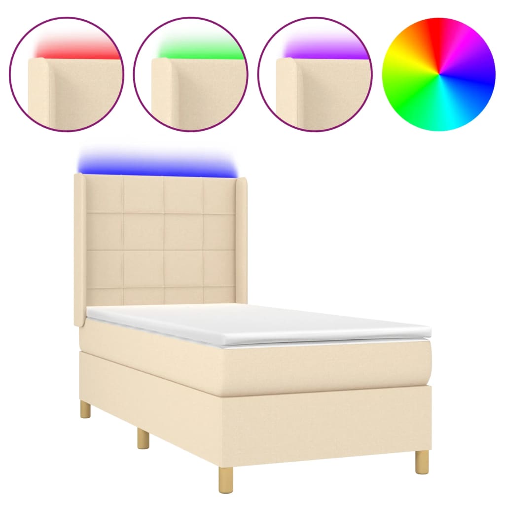 Krevet box spring s madracem LED krem 90x200 cm od tkanine