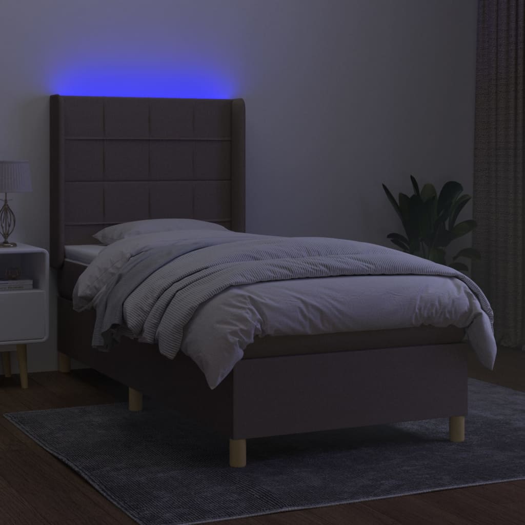 Krevet box spring s madracem LED smeđesivi 100x200 cm tkanina