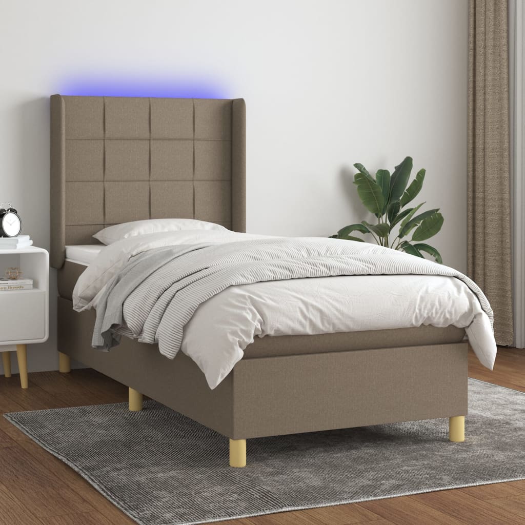 Krevet box spring s madracem LED smeđesivi 100x200 cm tkanina