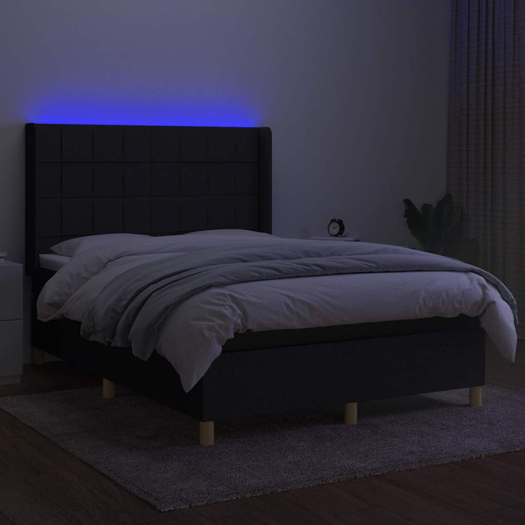 Krevet box spring s madracem LED crni 140x190 cm od tkanine