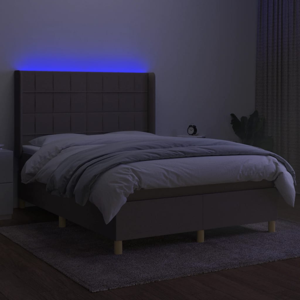 Krevet box spring s madracem LED smeđesivi 140x200 cm tkanina