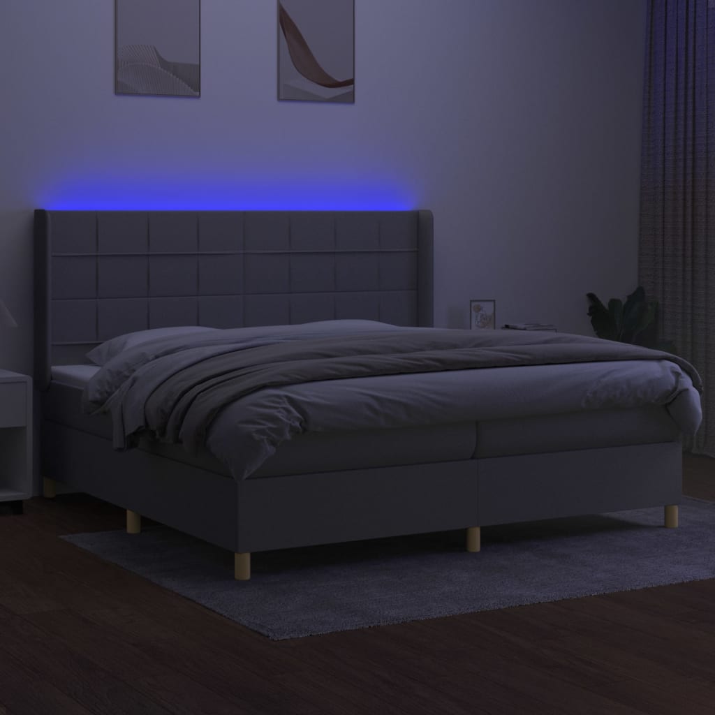 Krevet box spring s madracem LED svjetlosivi 200x200 cm tkanina