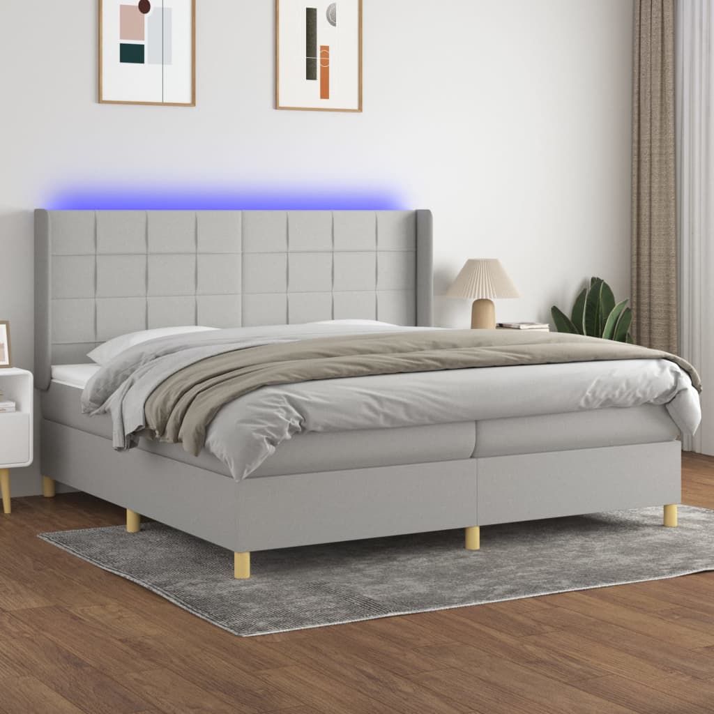 Krevet box spring s madracem LED svjetlosivi 200x200 cm tkanina