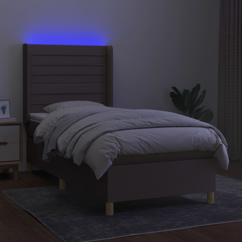 Krevet box spring s madracem LED smeđesivi 90x190 cm tkanina
