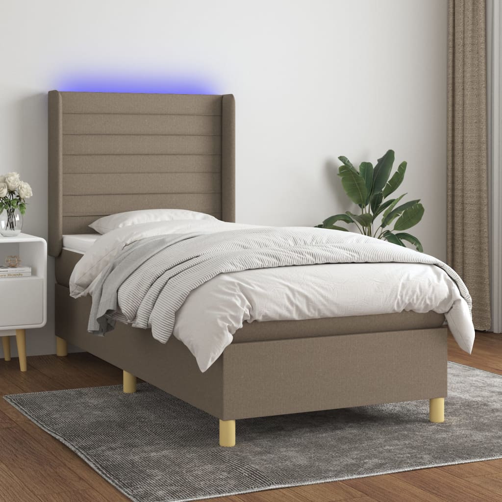 Krevet box spring s madracem LED smeđesivi 90x190 cm tkanina