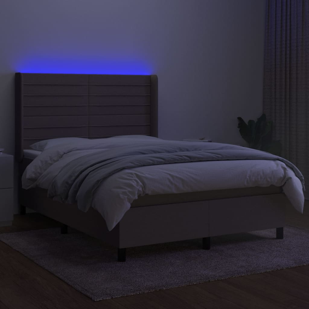 Krevet box spring s madracem LED smeđesivi 140x190 cm tkanina