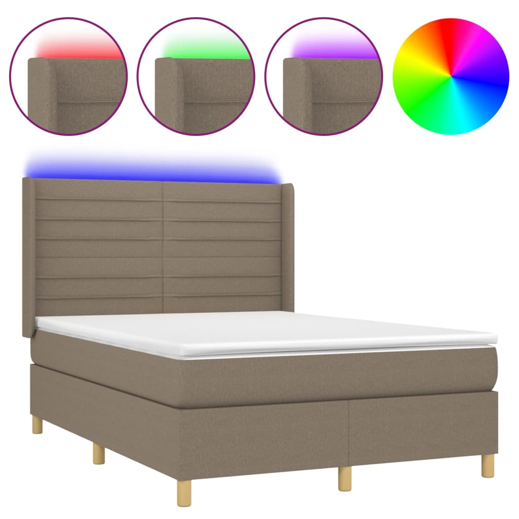 Krevet box spring s madracem LED smeđesivi 140x200 cm tkanina