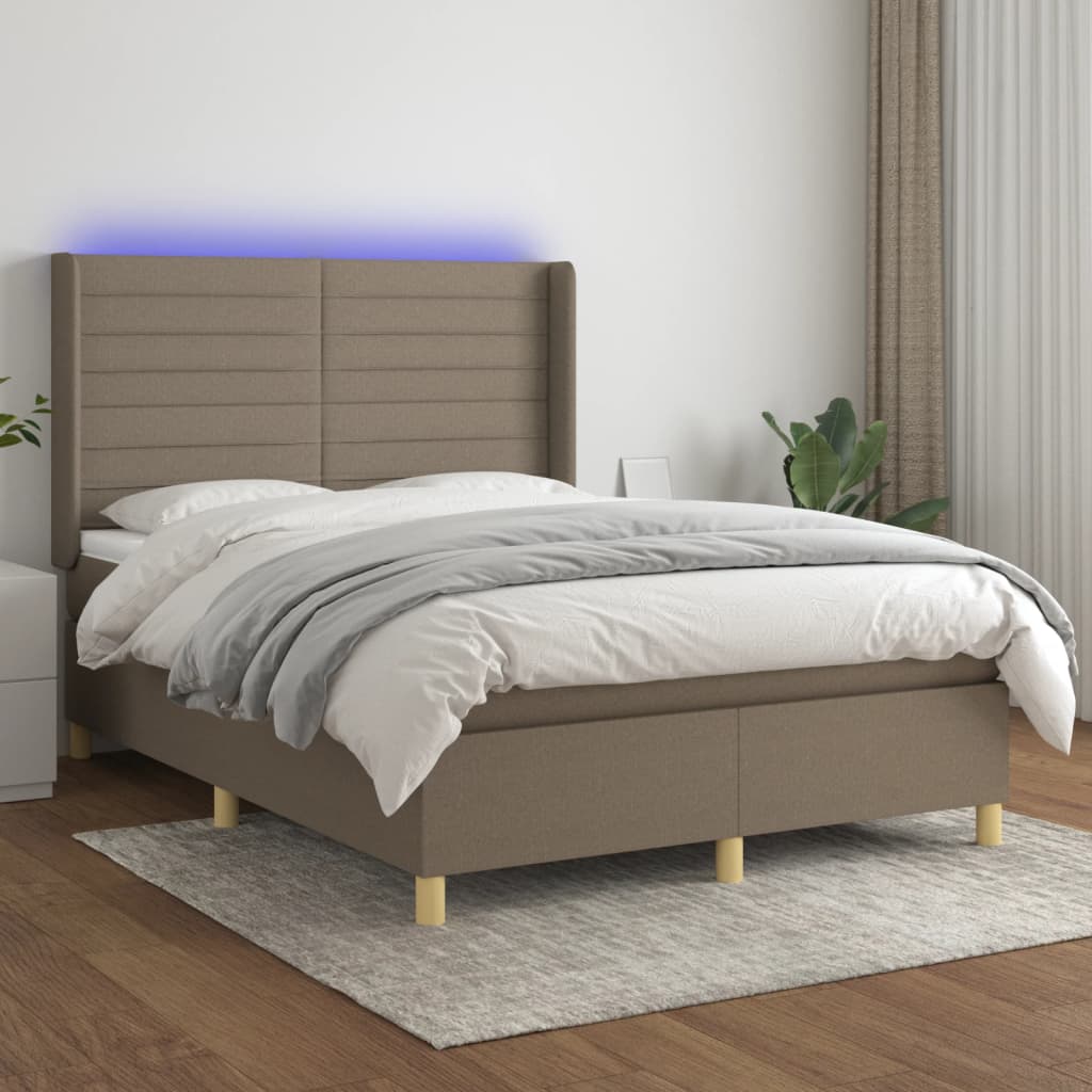 Krevet box spring s madracem LED smeđesivi 140x200 cm tkanina