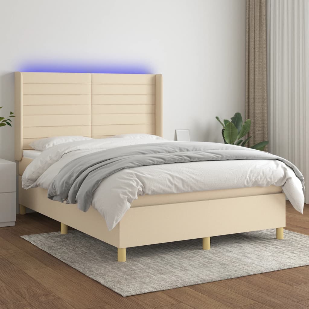 Krevet box spring s madracem LED krem 140x200 cm od tkanine