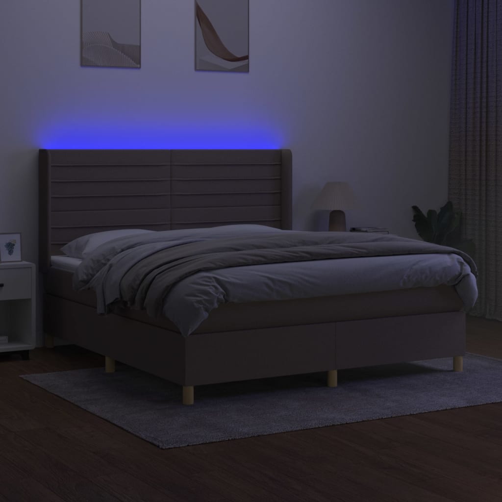 Krevet box spring s madracem LED smeđesivi 160x200 cm tkanina
