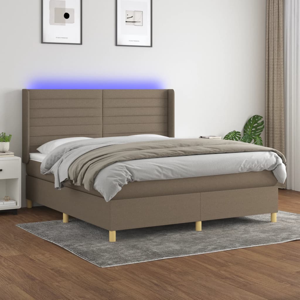 Krevet box spring s madracem LED smeđesivi 160x200 cm tkanina