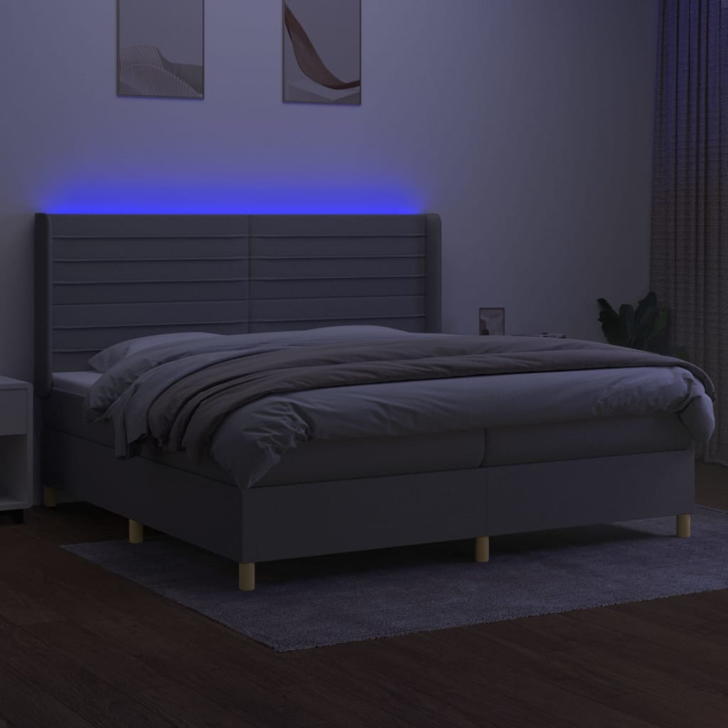 Krevet box spring s madracem LED svjetlosivi 200x200 cm tkanina