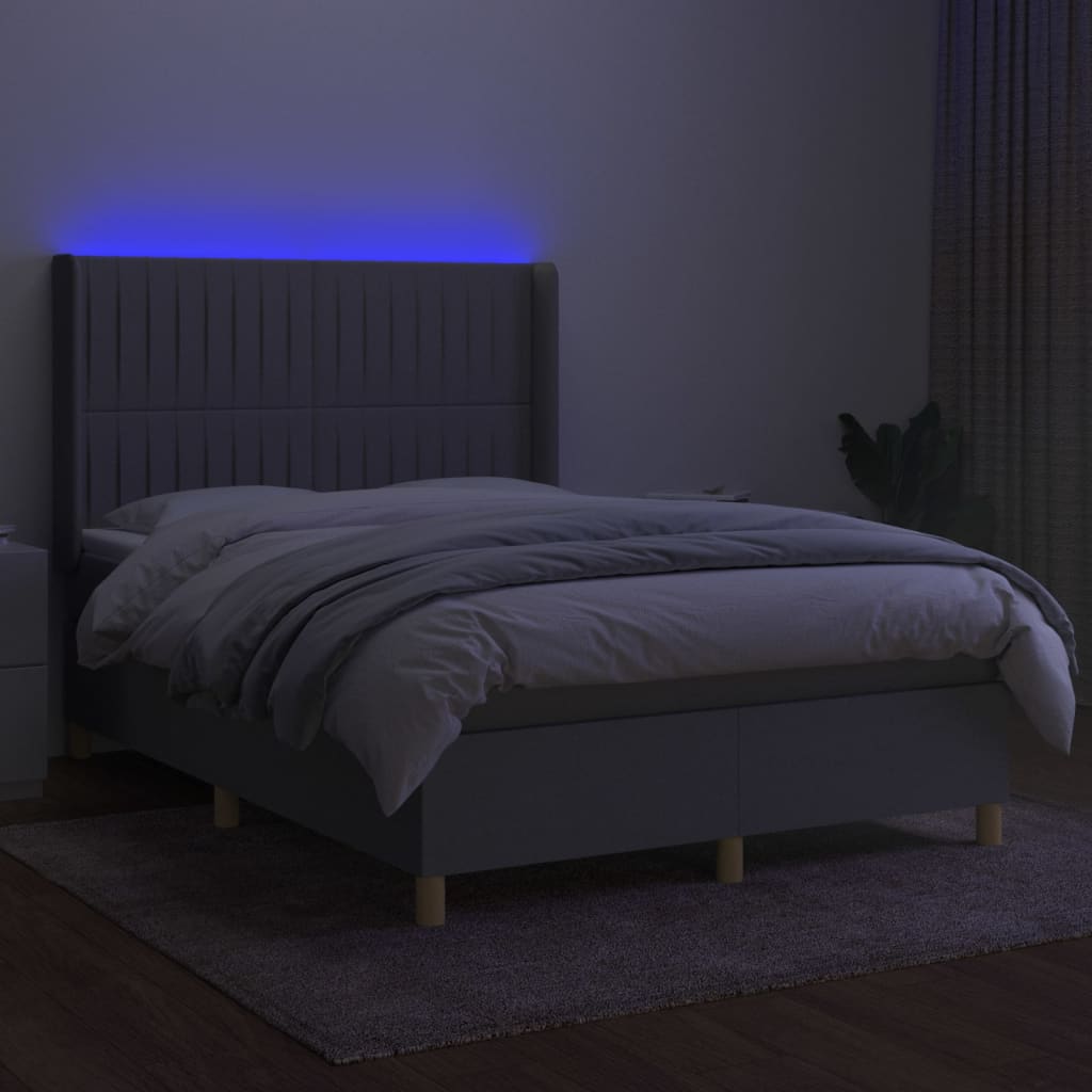 Krevet box spring s madracem LED svjetlosivi 140x200 cm tkanina