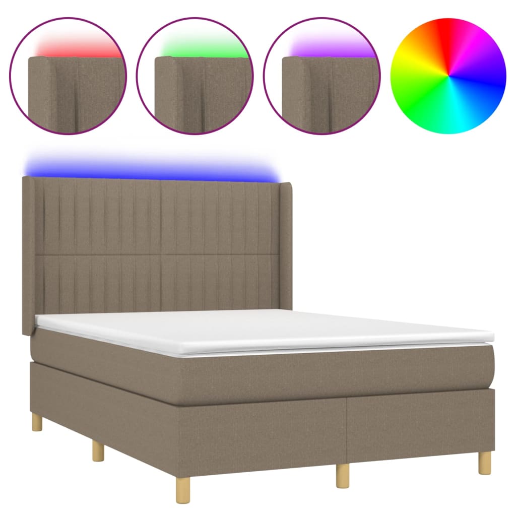 Krevet box spring s madracem LED smeđesivi 140x200 cm tkanina