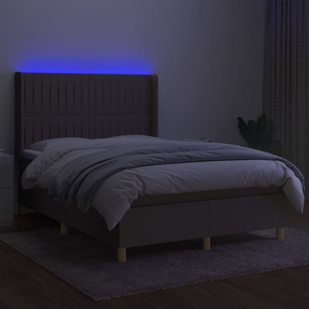 Krevet box spring s madracem LED smeđesivi 140x200 cm tkanina