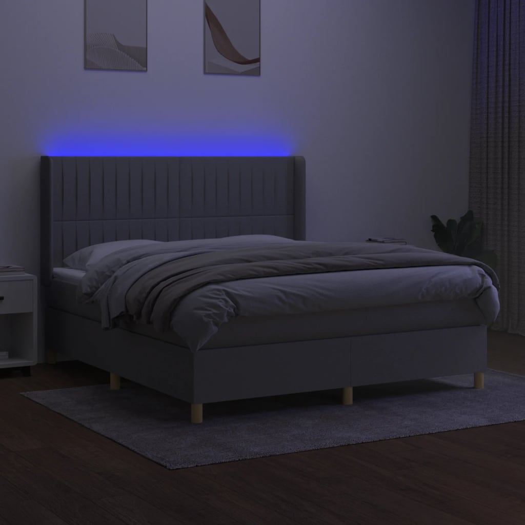 Krevet box spring s madracem LED svjetlosivi 180x200 cm tkanina
