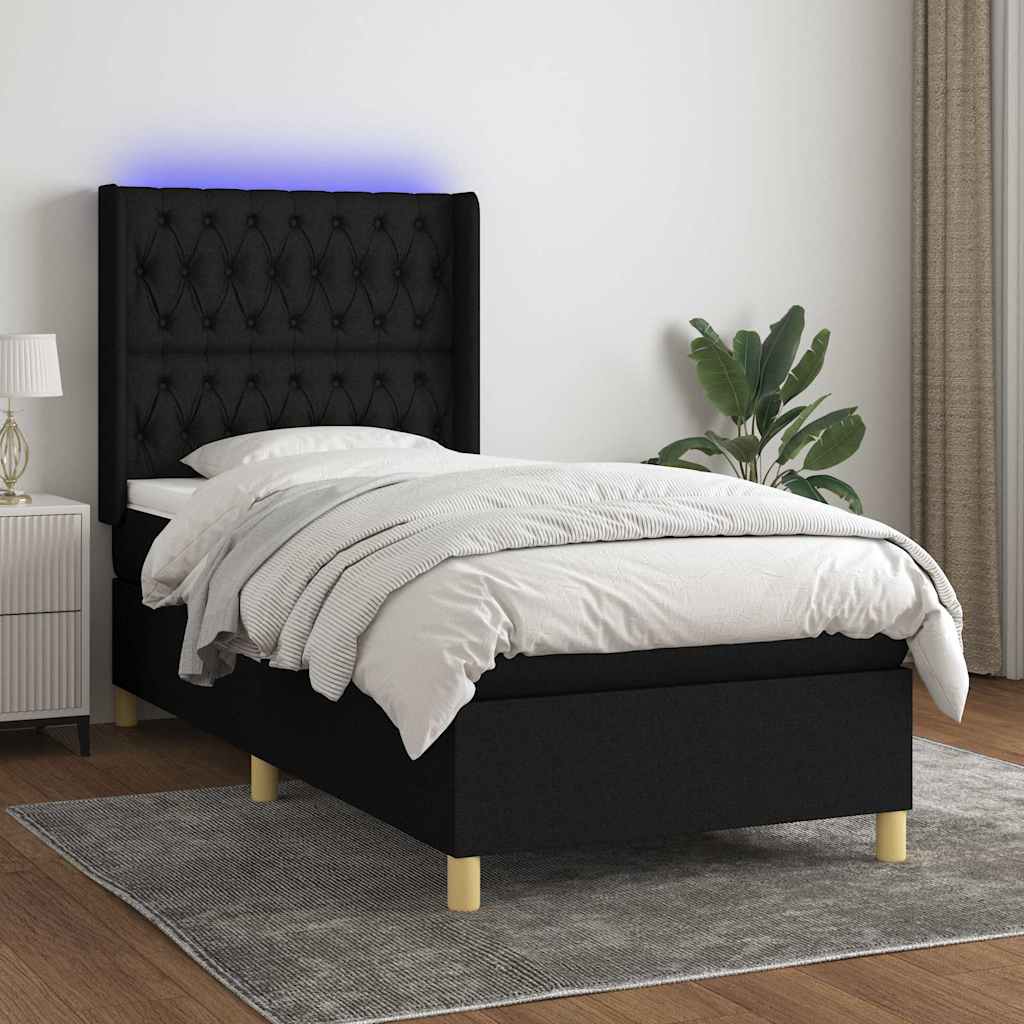 Krevet box spring s madracem LED crni 90x190 cm od tkanine