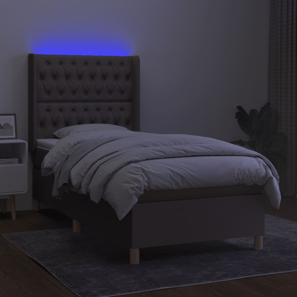 Krevet box spring s madracem LED smeđesivi 90x190 cm tkanina