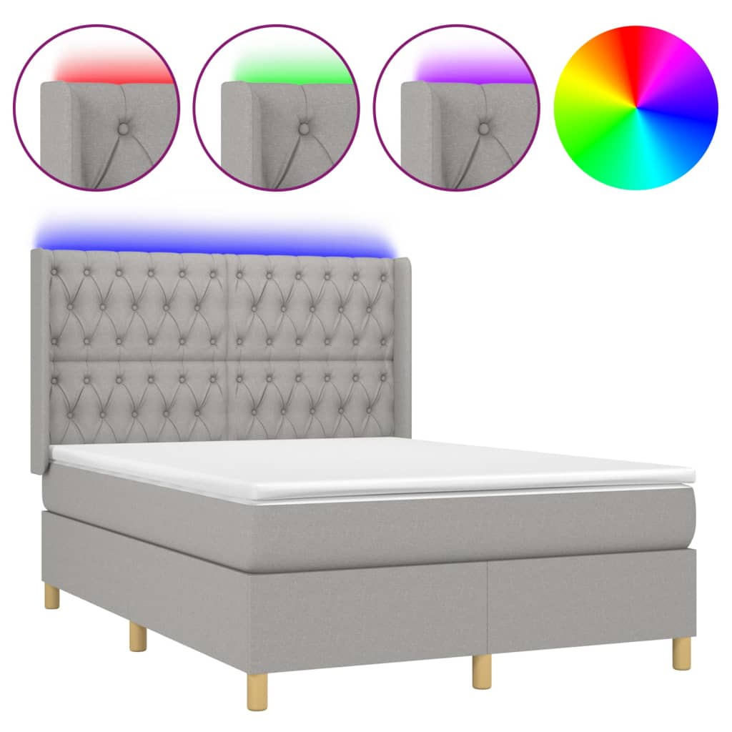 Krevet box spring s madracem LED svjetlosivi 140x190 cm tkanina