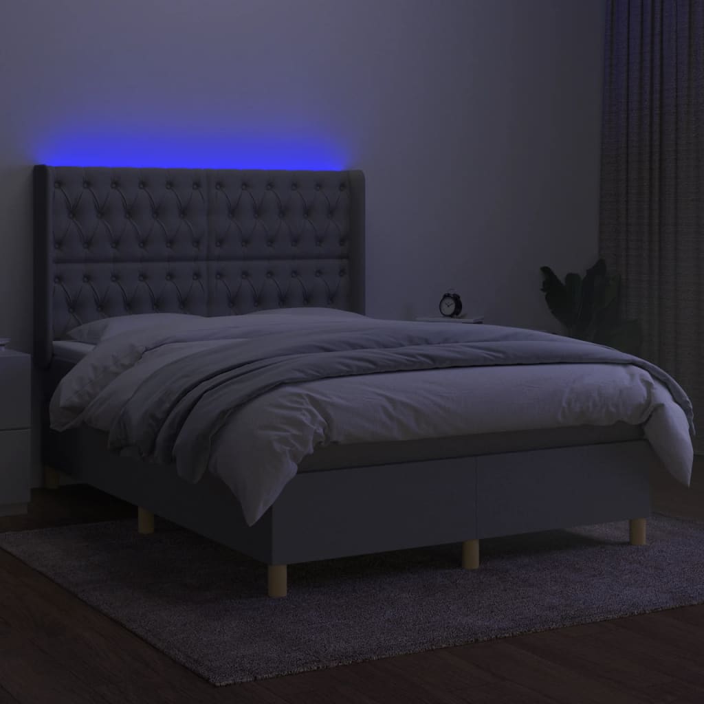 Krevet box spring s madracem LED svjetlosivi 140x190 cm tkanina