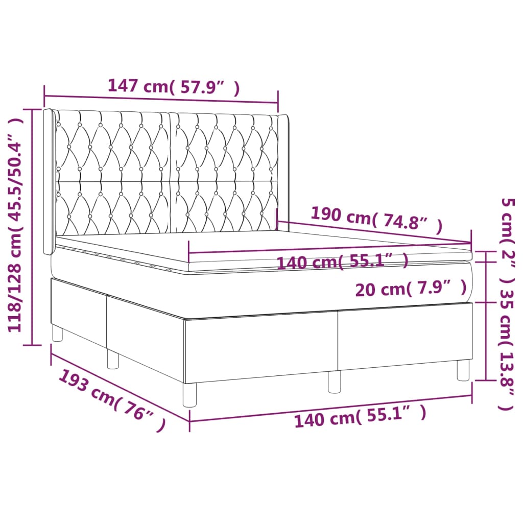 Krevet box spring s madracem LED svjetlosivi 140x190 cm tkanina