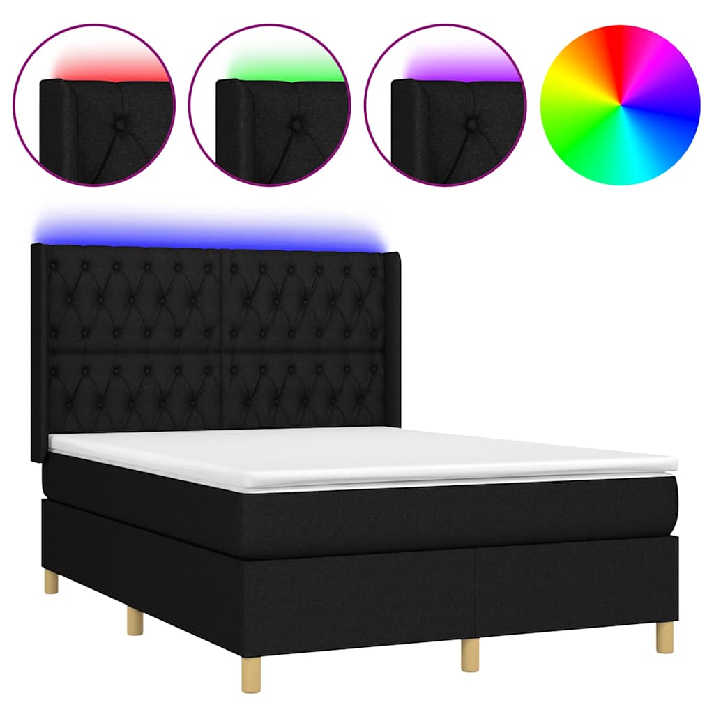Krevet box spring s madracem LED crni 140x190 cm od tkanine