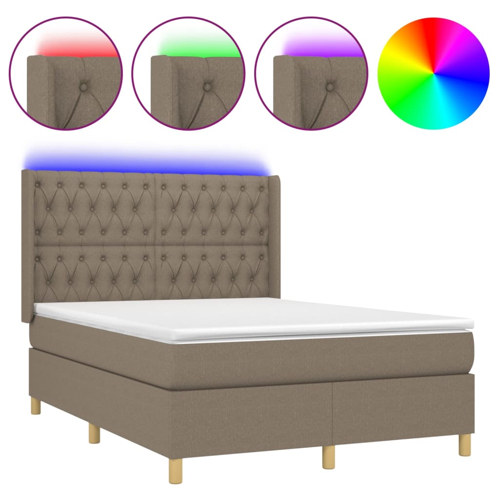 Krevet box spring s madracem LED smeđesivi 140x200 cm tkanina