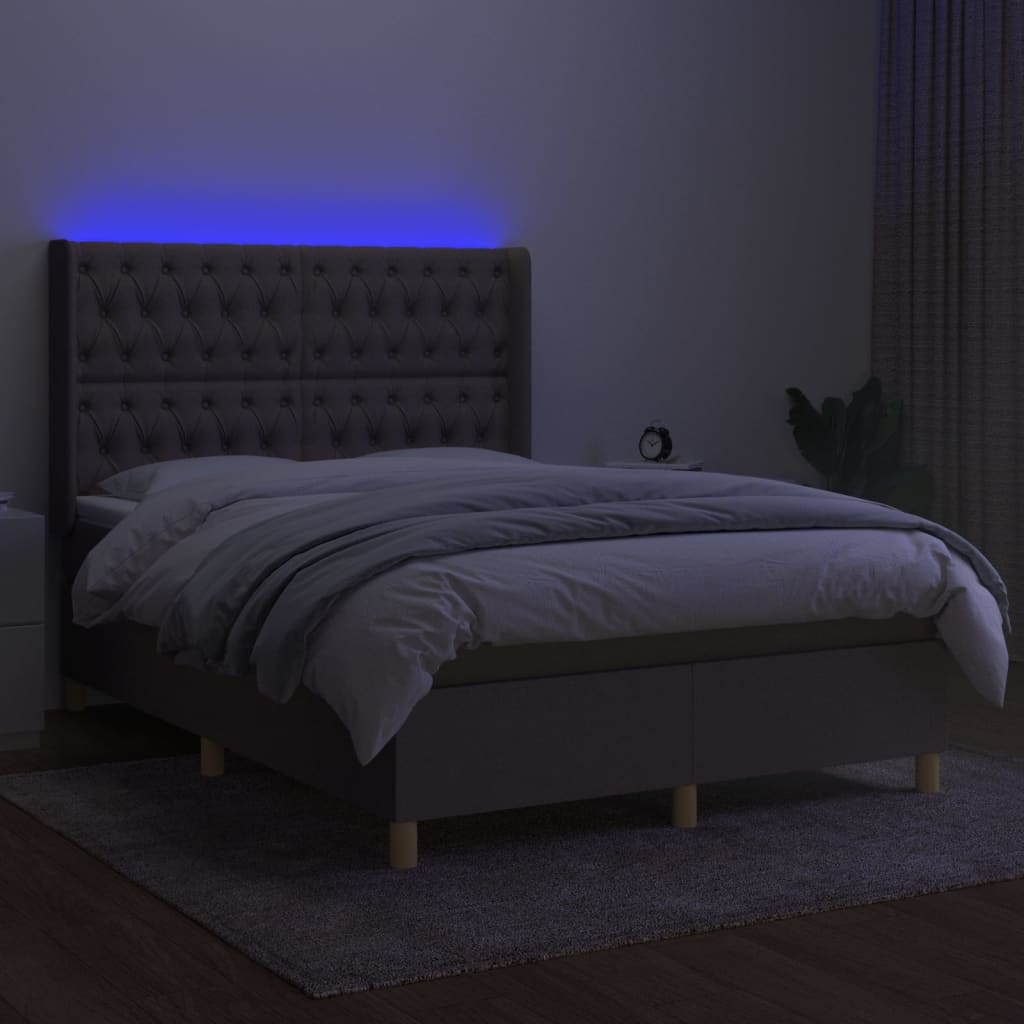 Krevet box spring s madracem LED smeđesivi 140x200 cm tkanina
