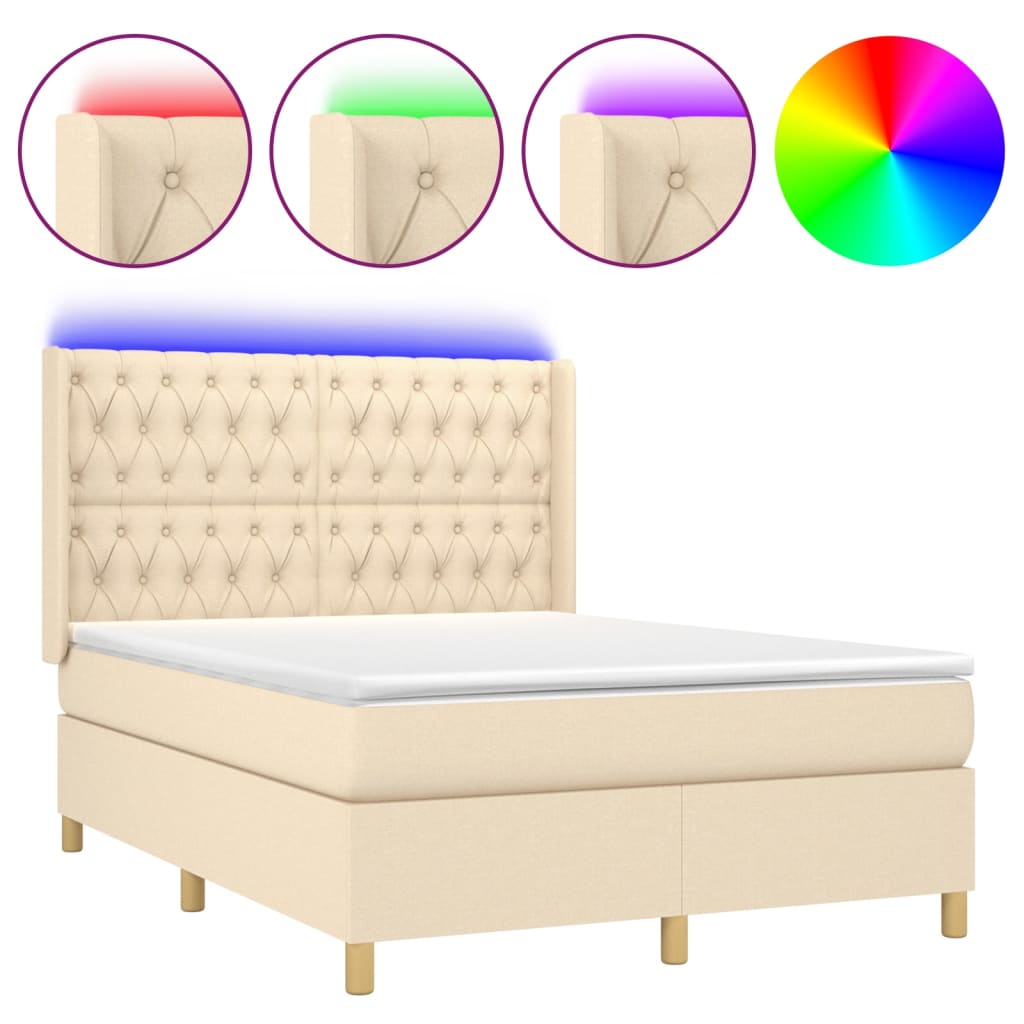 Krevet box spring s madracem LED krem 140x200 cm od tkanine
