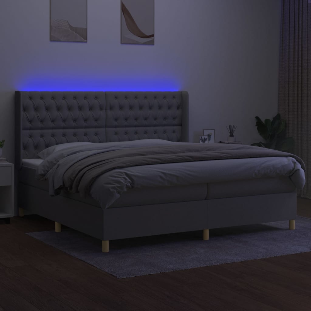 Krevet box spring s madracem LED svjetlosivi 200x200 cm tkanina