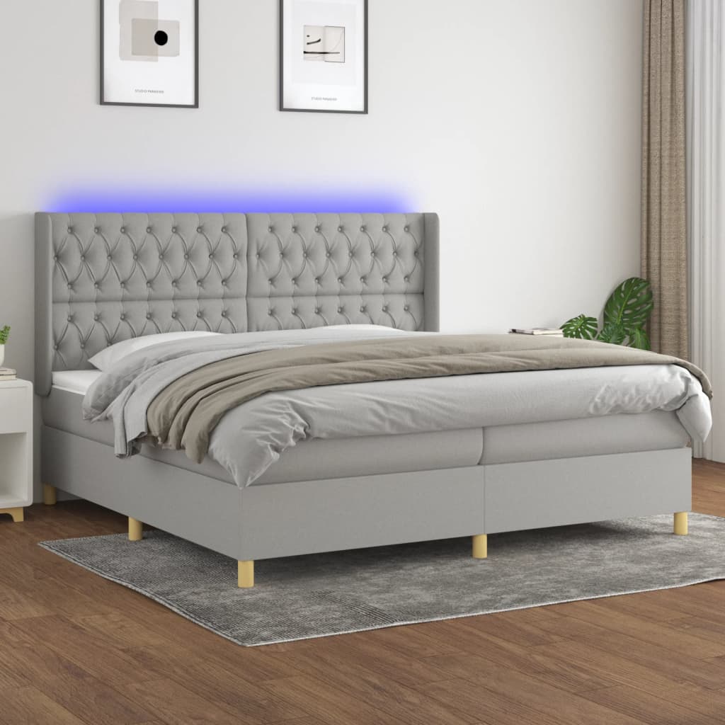 Krevet box spring s madracem LED svjetlosivi 200x200 cm tkanina