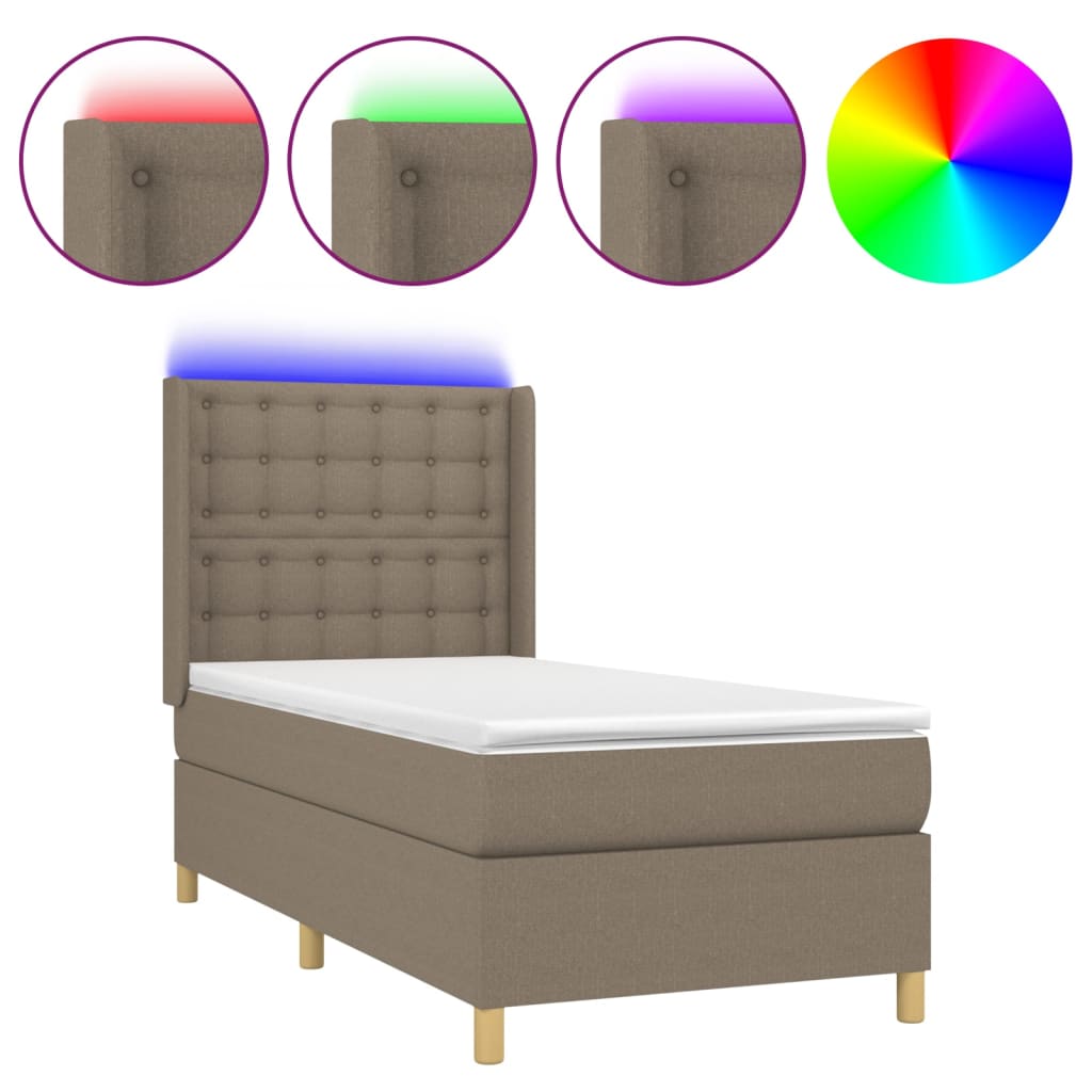 Krevet box spring s madracem LED smeđesivi 100x200 cm tkanina