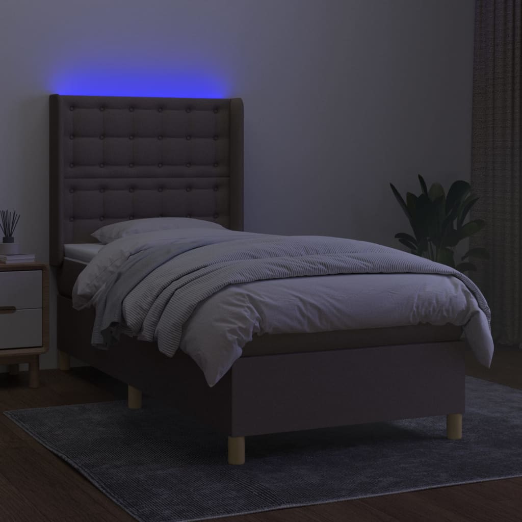 Krevet box spring s madracem LED smeđesivi 100x200 cm tkanina