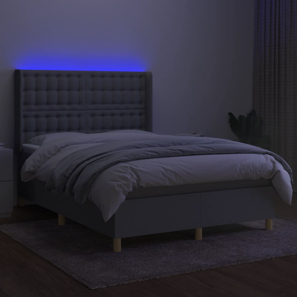 Krevet box spring s madracem LED svjetlosivi 140x190 cm tkanina