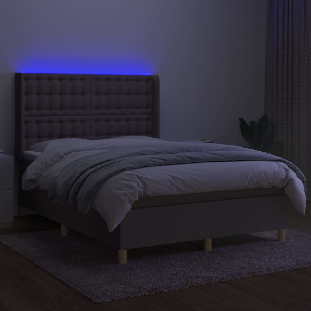 Krevet box spring s madracem LED smeđesivi 140x190 cm tkanina