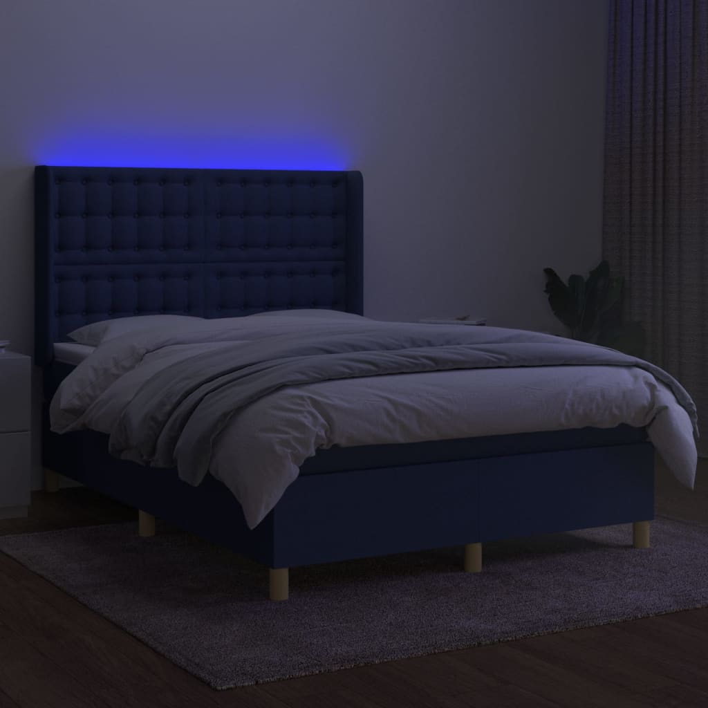 Krevet box spring s madracem LED plavi 140x190 cm od tkanine