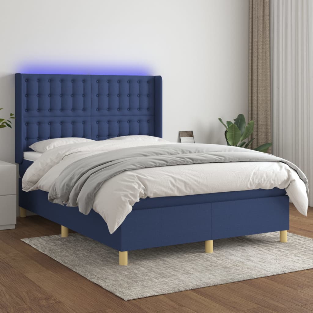 Krevet box spring s madracem LED plavi 140x190 cm od tkanine