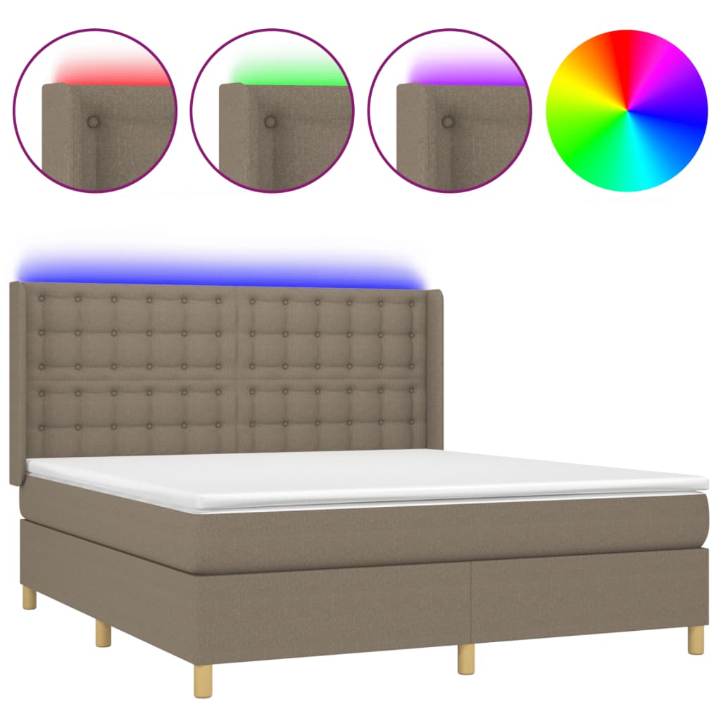 Krevet box spring s madracem LED smeđesivi 180x200 cm tkanina