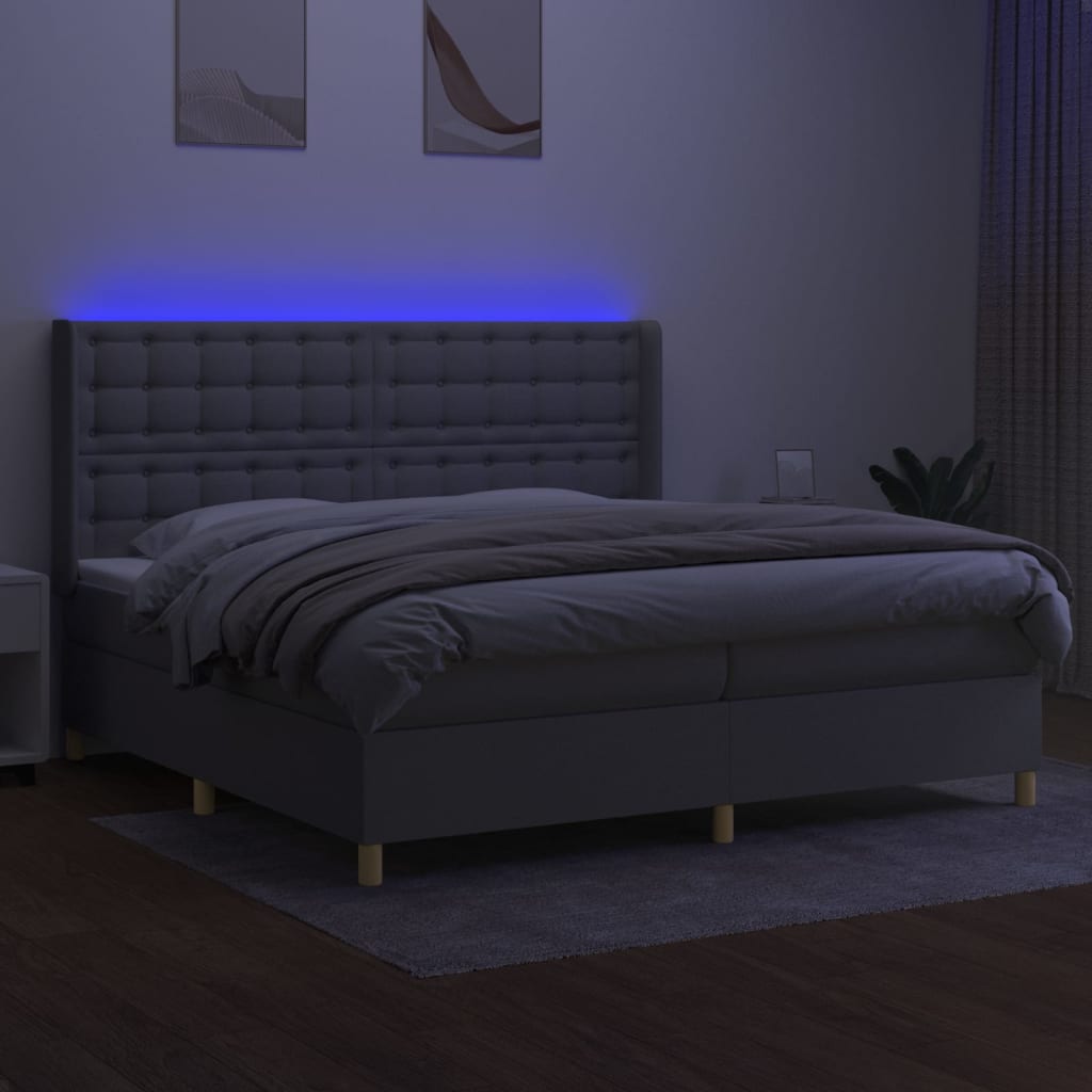 Krevet box spring s madracem LED svjetlosivi 200x200 cm tkanina
