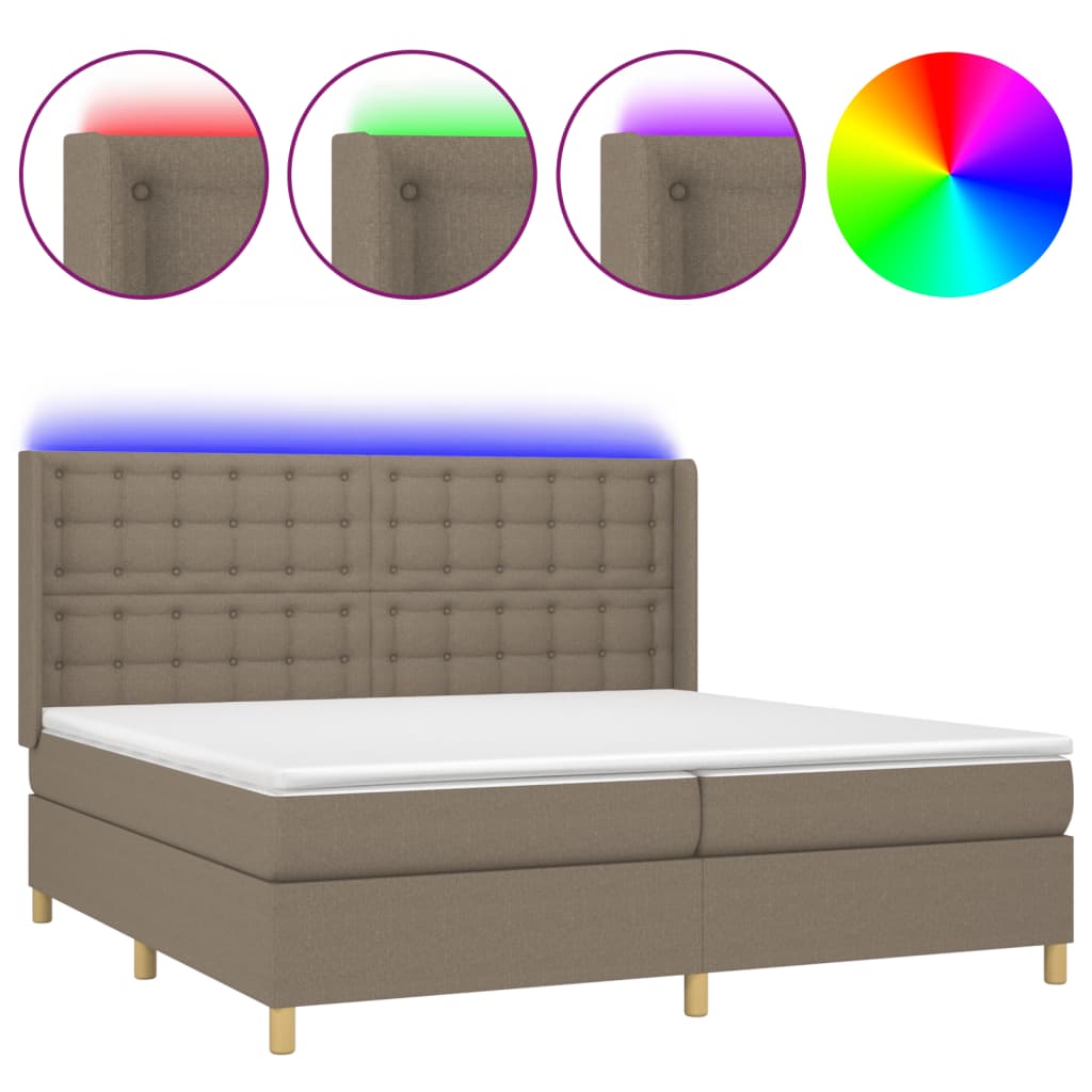 Krevet box spring s madracem LED smeđesivi 200x200 cm tkanina