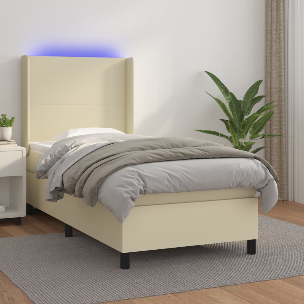 Krevet box spring s madracem LED krem 90x190 cm od umjetne kože