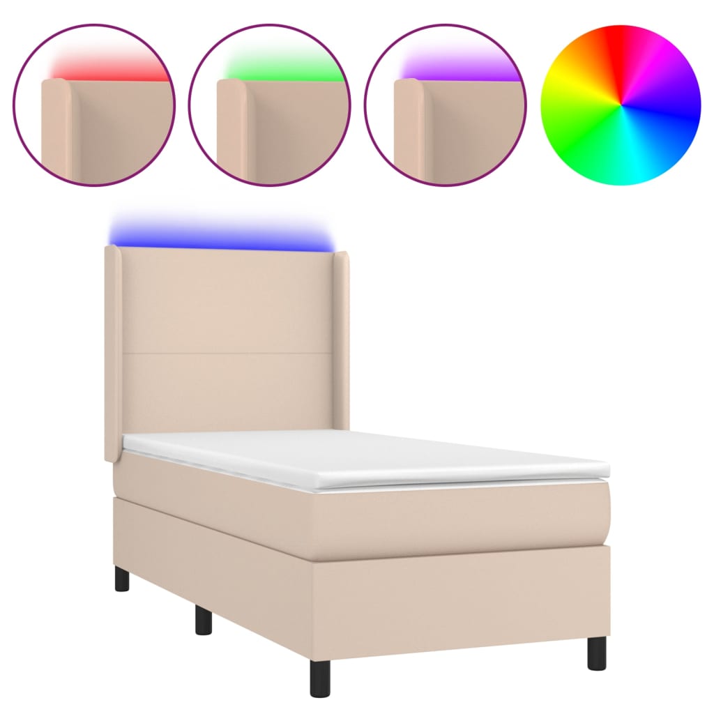 Krevet box spring madrac LED cappuccino 90x190cm umjetna koža