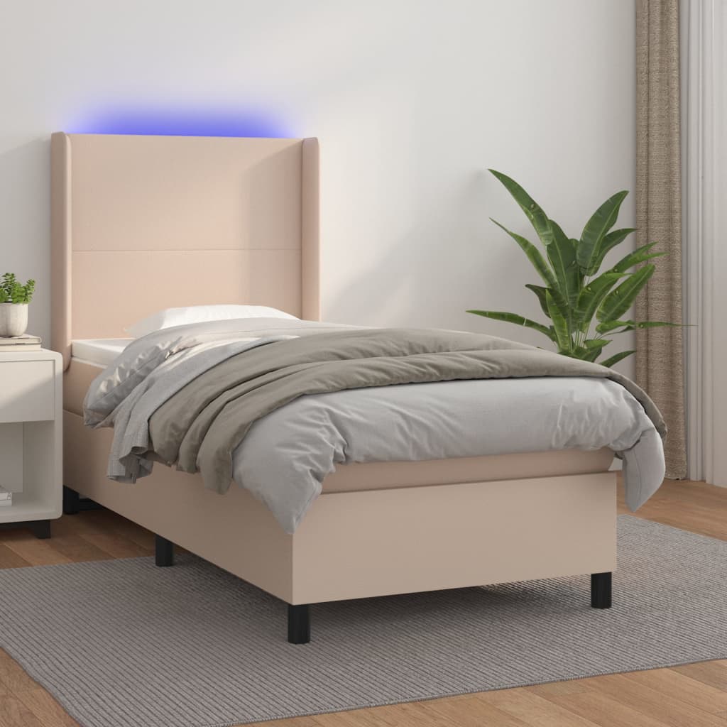 Krevet box spring madrac LED cappuccino 90x190cm umjetna koža