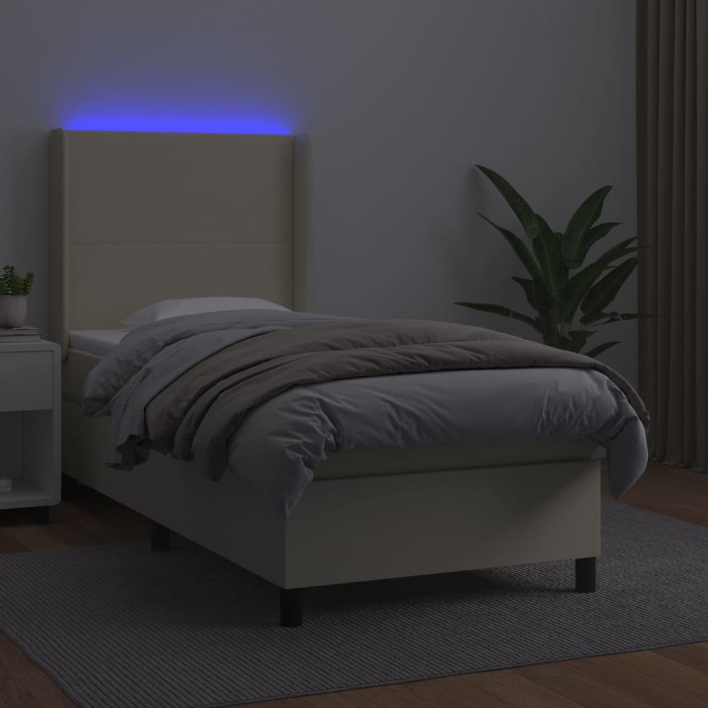 Krevet box spring s madracem LED krem 90x200 cm od umjetne kože