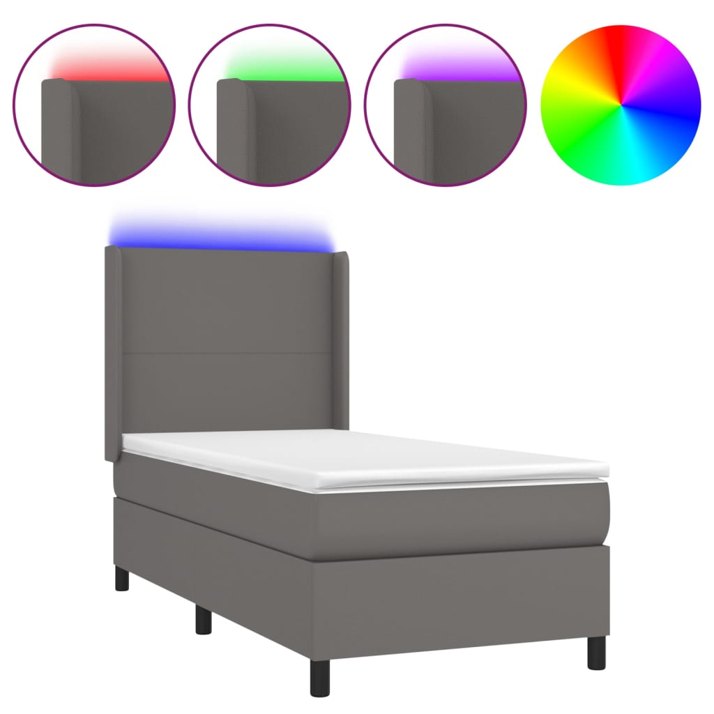 Krevet box spring s madracem LED sivi 90x200 cm od umjetne kože