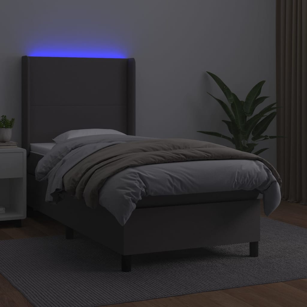 Krevet box spring s madracem LED sivi 90x200 cm od umjetne kože