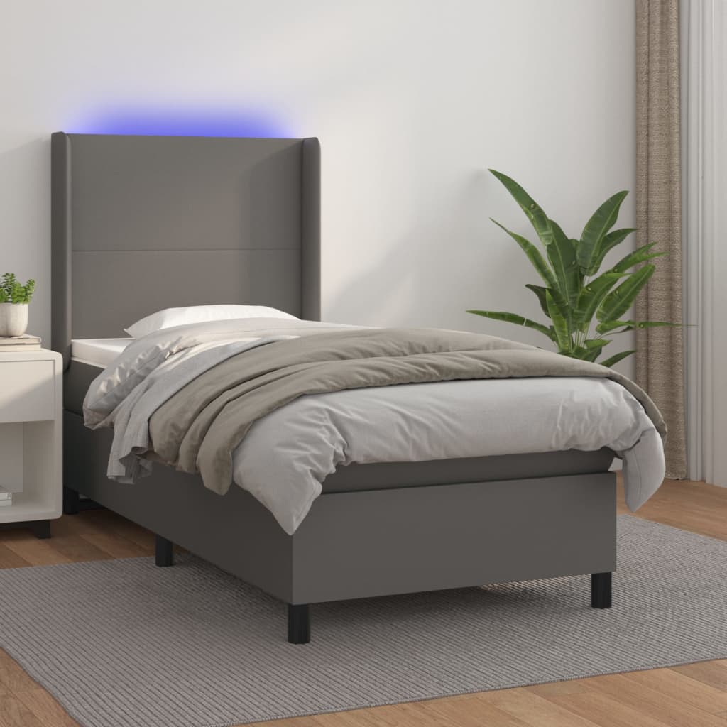 Krevet box spring s madracem LED sivi 100x200cm od umjetne kože