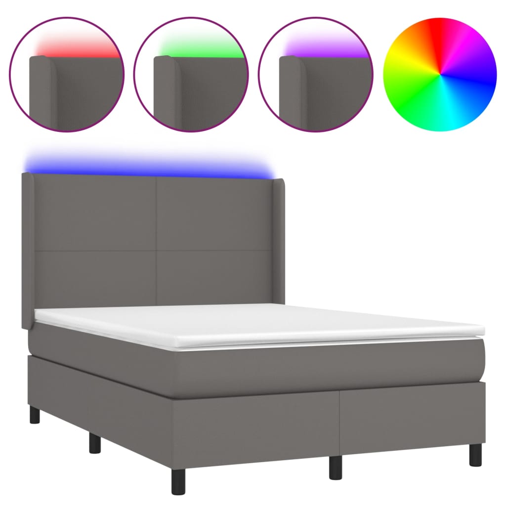 Krevet box spring s madracem LED sivi 140x200cm od umjetne kože