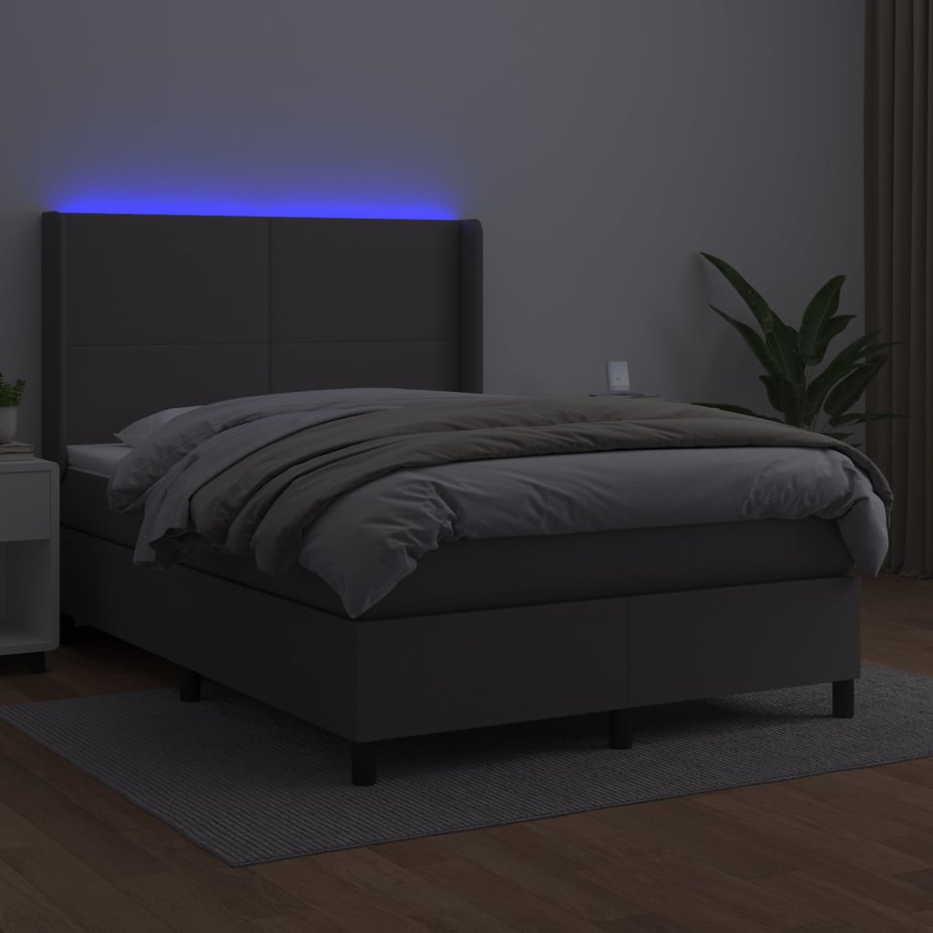 Krevet box spring s madracem LED sivi 140x200cm od umjetne kože