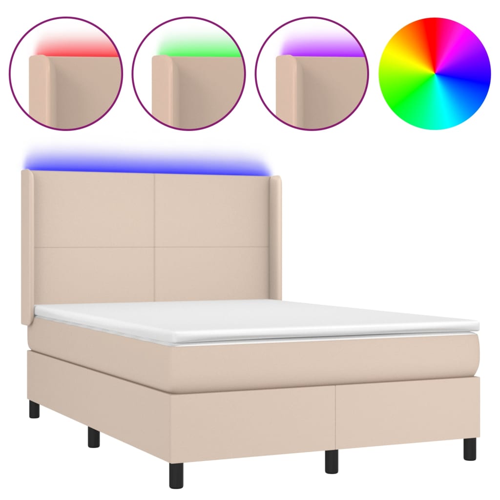 Krevet box spring madrac LED cappuccino 140x200cm umjetna koža